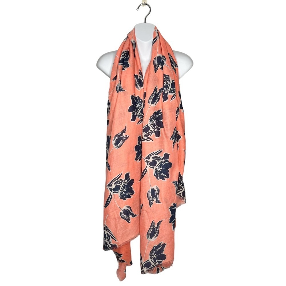 Salmon & Navy Blue Tulip Floral Print Rectangle Large Scarf With Mini Fringe